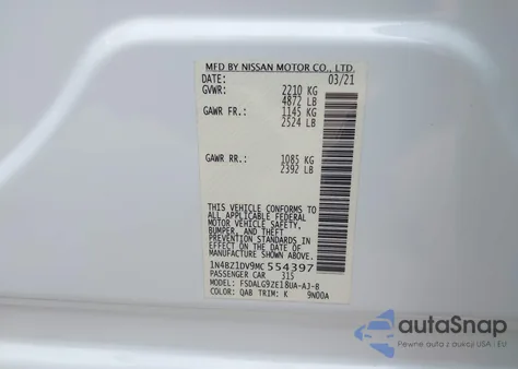 2021 Nissan Leaf Sl Plus 62 Kwh from USA, damaged, VIN 1N4BZ1DV9MC554397